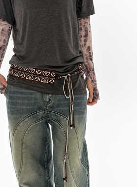 oinimi 复古棕色串绳部落腰封 百搭叠穿腰带 男女通用