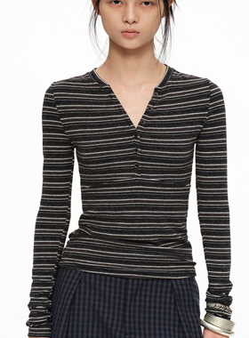 oinimi 复古绒感细腻条纹 可调节v领打底 henry collar亨利领T恤