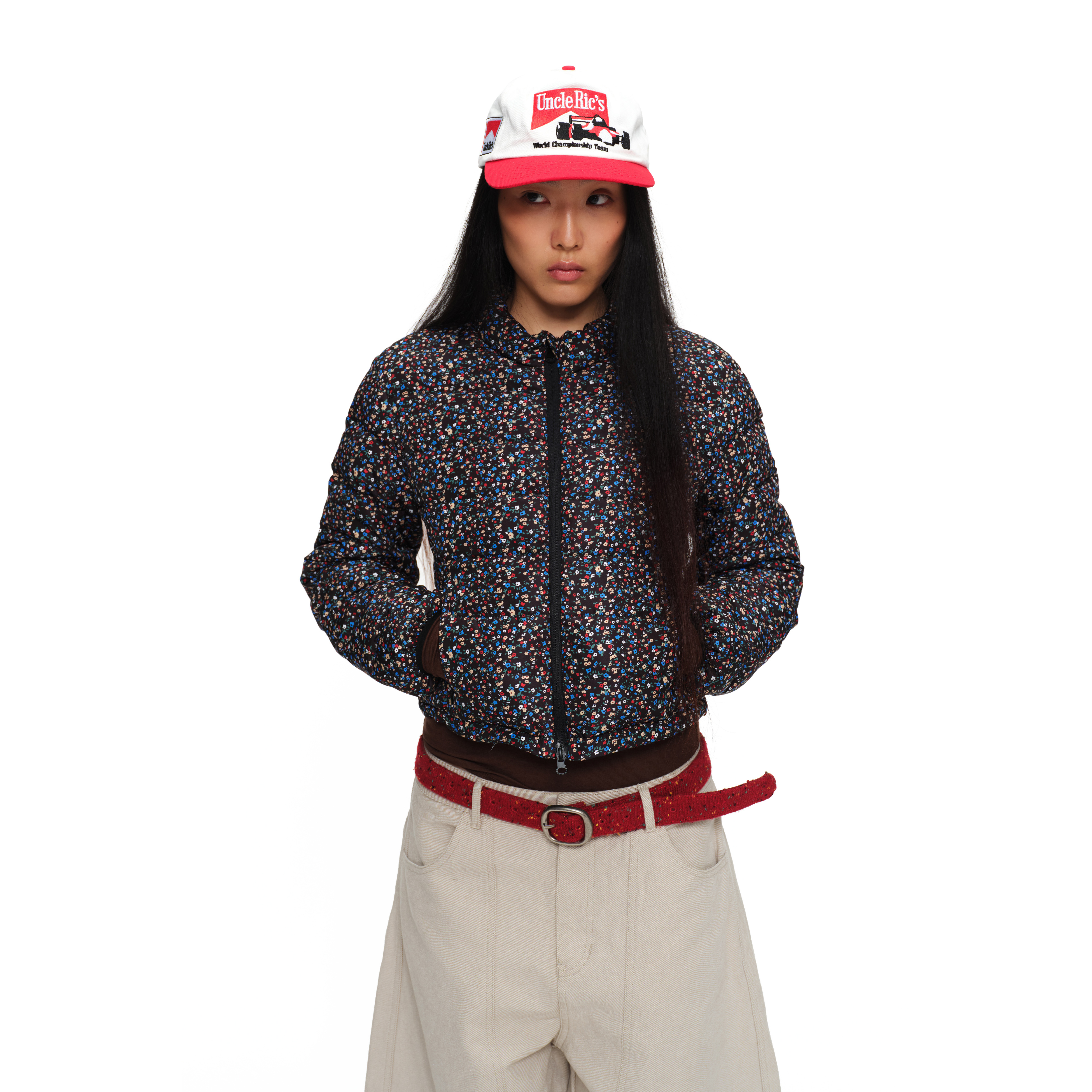 碎花轻羽绒服修身短款