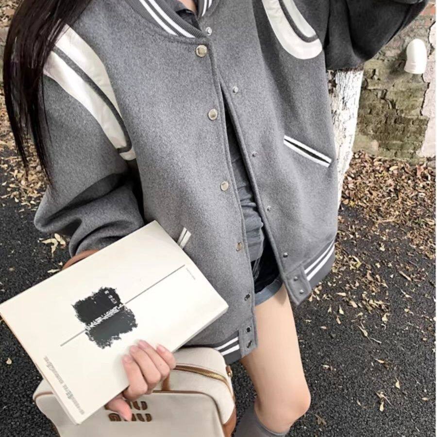 美式宽松灰色棒球服女2026春秋季新款设计感复古学院风毛呢短外套