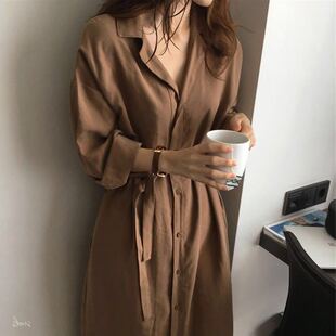 系带衬衫裙女纯色裙子2026春季新款韩版宽松学生法式名媛连衣裙潮