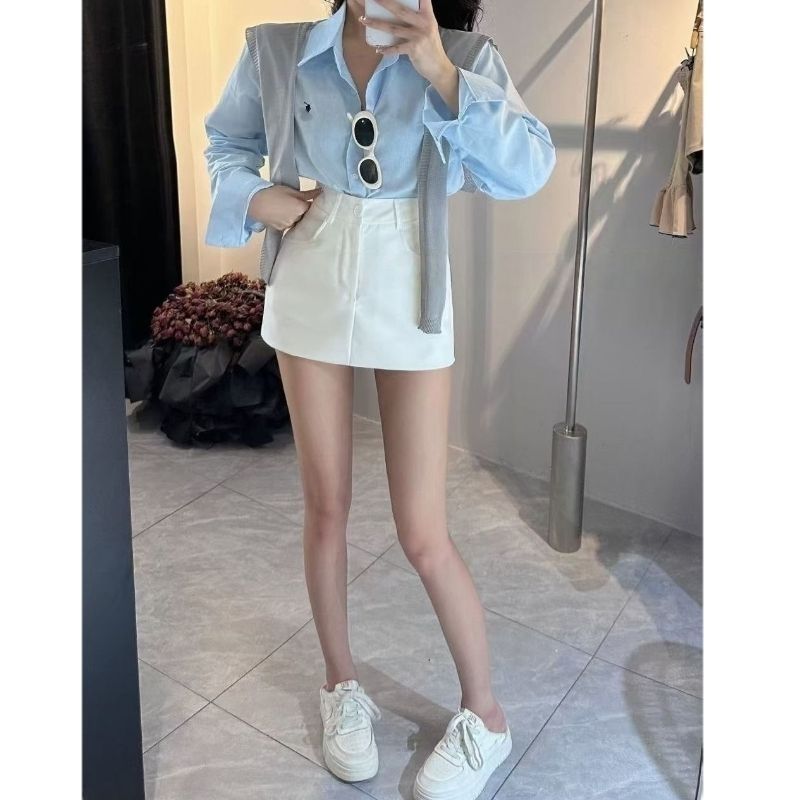 韩系慵懒风时尚套装女气质百搭蓝色衬衫高腰显瘦白色短裙子三件套