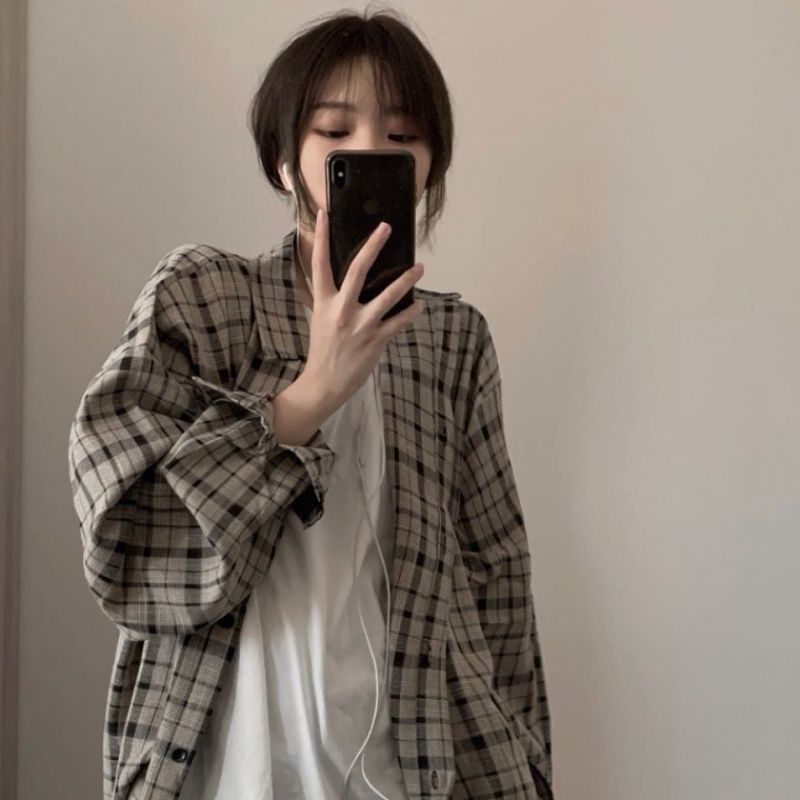 ins原宿风休闲格子衬衫复古风慵懒韩版港风宽松百搭男女同款外套