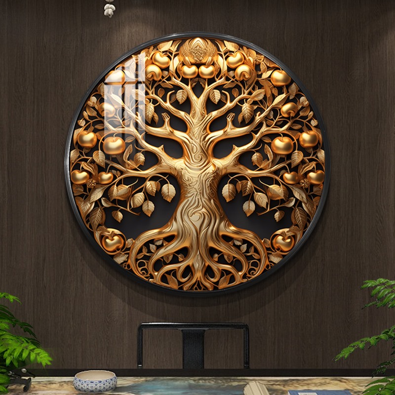 现代轻奢玄关过道挂画餐厅背景墙圆形装饰画发财树新款高级感壁画图片