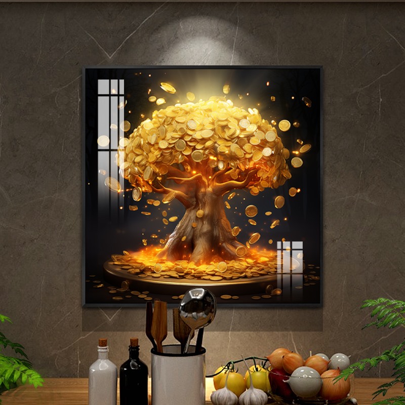 轻奢高级感餐厅背景墙装饰画现代简约玄关过道挂画原创壁画发财树图片