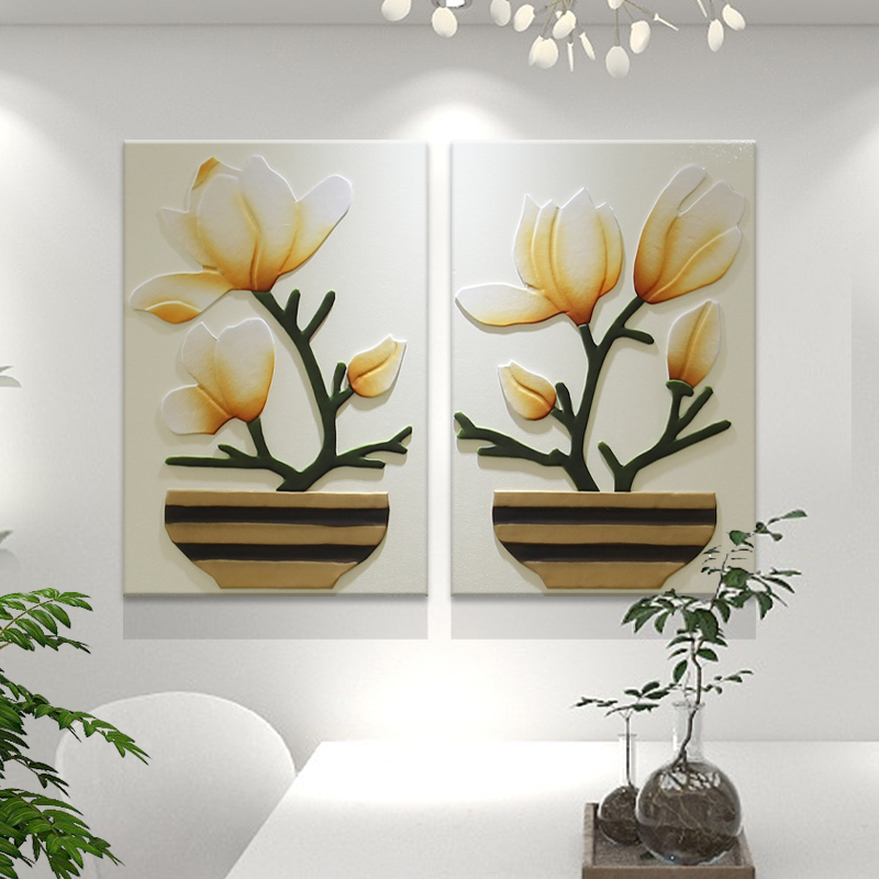 奶油风餐厅装饰画轻奢高档饭厅背景墙挂画3D立体皮革艺术花卉壁画图片