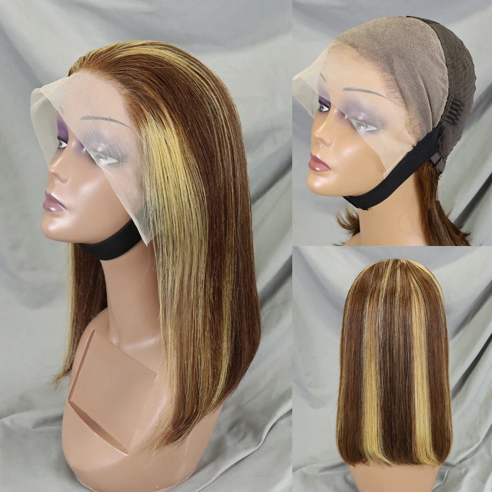 Bone Straight Lace Frontal Wig Short Bob 4/27 Human Hair