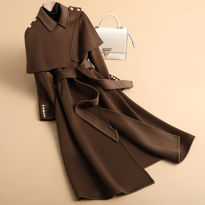 2024秋冬新款双面羊毛大衣女中长款赫本风斗篷可拆卸职业毛呢外套