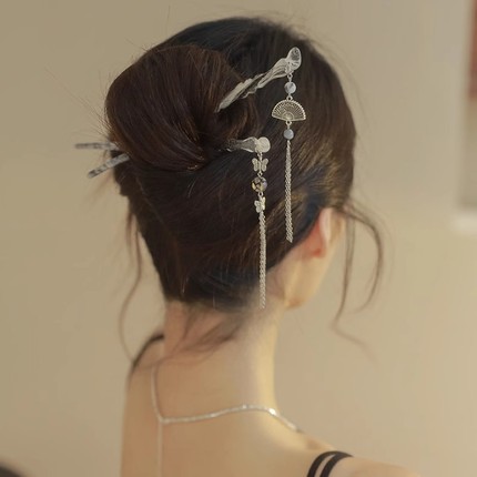新中式扇子流苏发簪高级感气质清冷感簪子女古风旗袍汉服簪子发饰