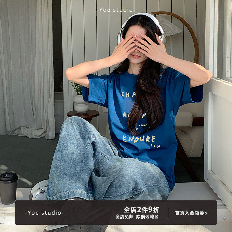Yoe短袖t恤女上衣女装夏季新款纯棉蓝色宽松显白显瘦字母印花休闲
