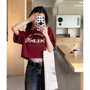小个子短款 Yoe短袖 新款 t恤女上衣酒红色美式 纯棉宽松正 复古夏季