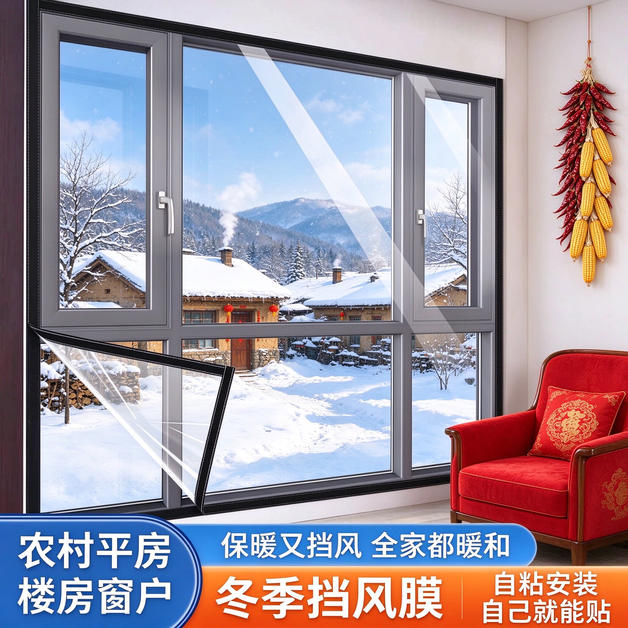 自粘魔术贴门窗保暖膜冬季窗户加厚防风防寒窗帘密封挡风保温防尘