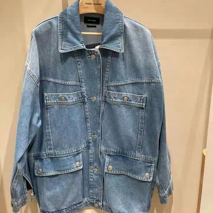 牛仔外套女秋季新款牛仔上衣大贴袋翻领欧美时尚复古港风牛仔外套