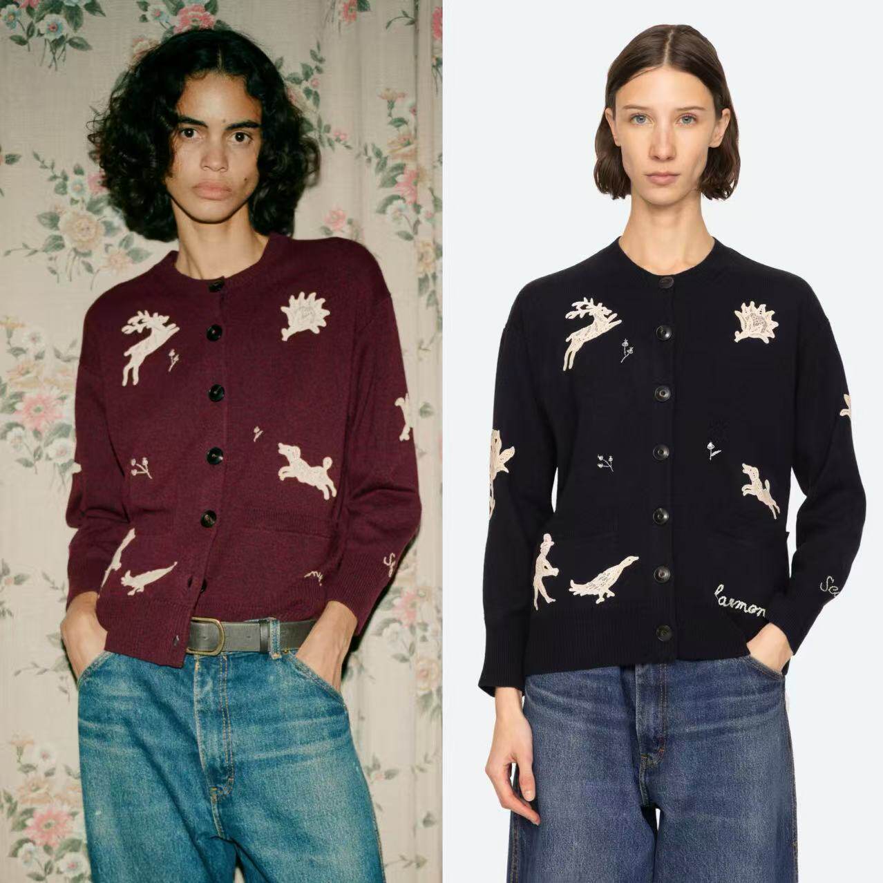 法式小众25年秋冬新款复古动物贴花刺绣圆领百搭羊毛针织衫上衣女