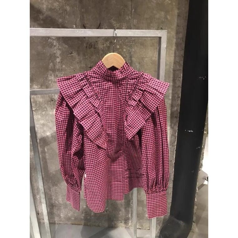 Ga家法式长袖女荷叶边高领格纹泡泡纱衬衫女生森系文艺衬衫上衣