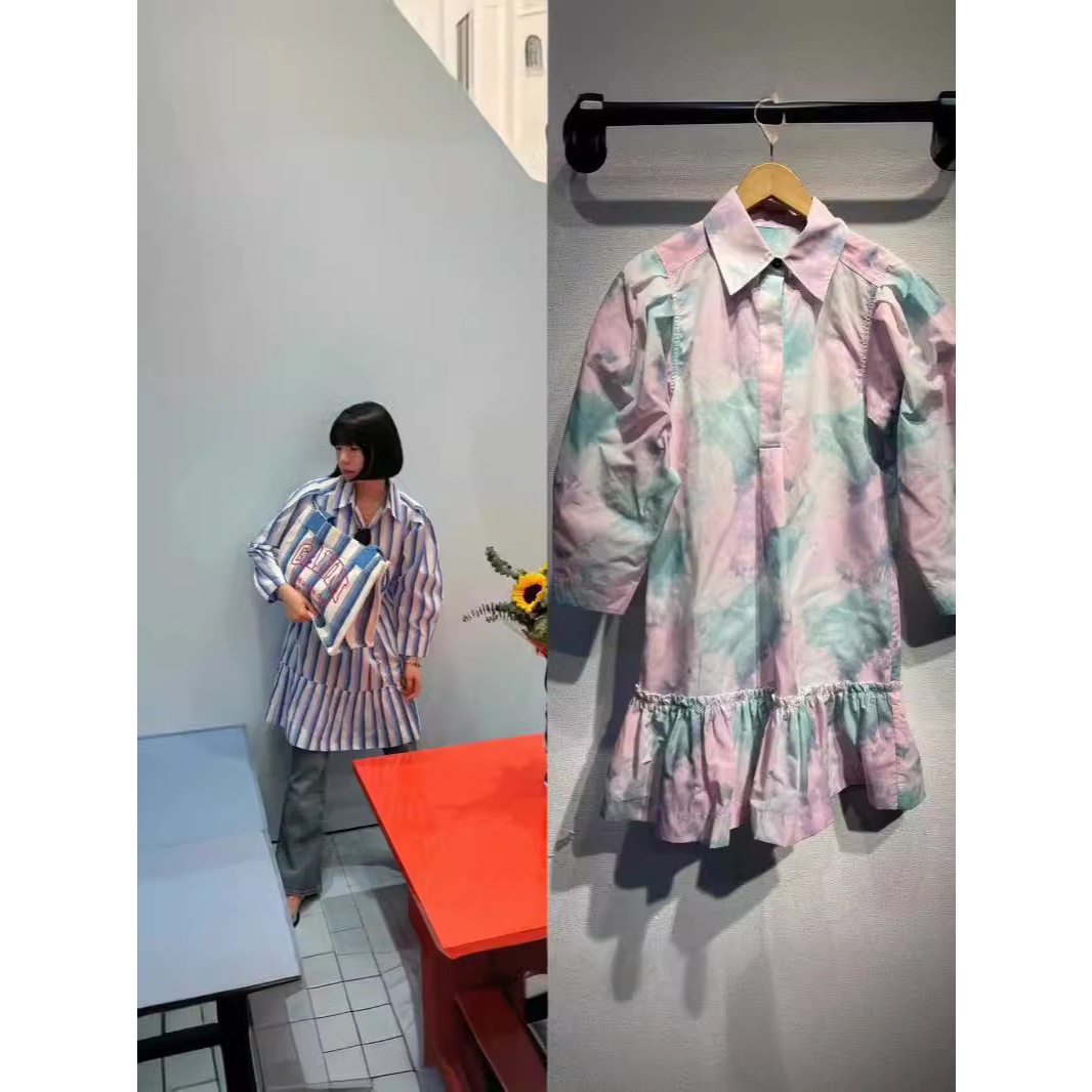 GA家北欧女装丁香紫棉质印花荷叶边翻领长袖短款连衣裙女