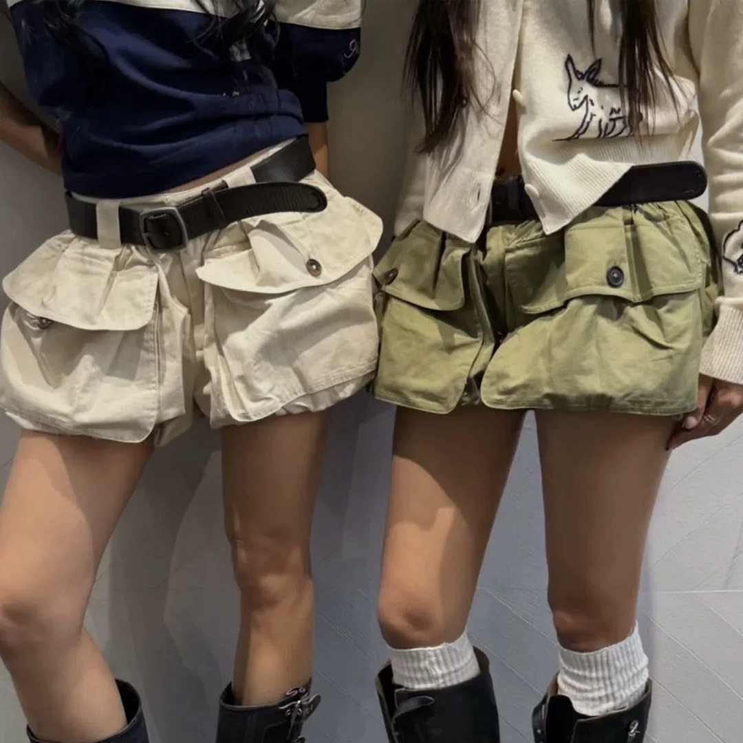 maSande新款街头潮流大口袋工装风阔腿裤高腰显瘦花苞休闲短裤女