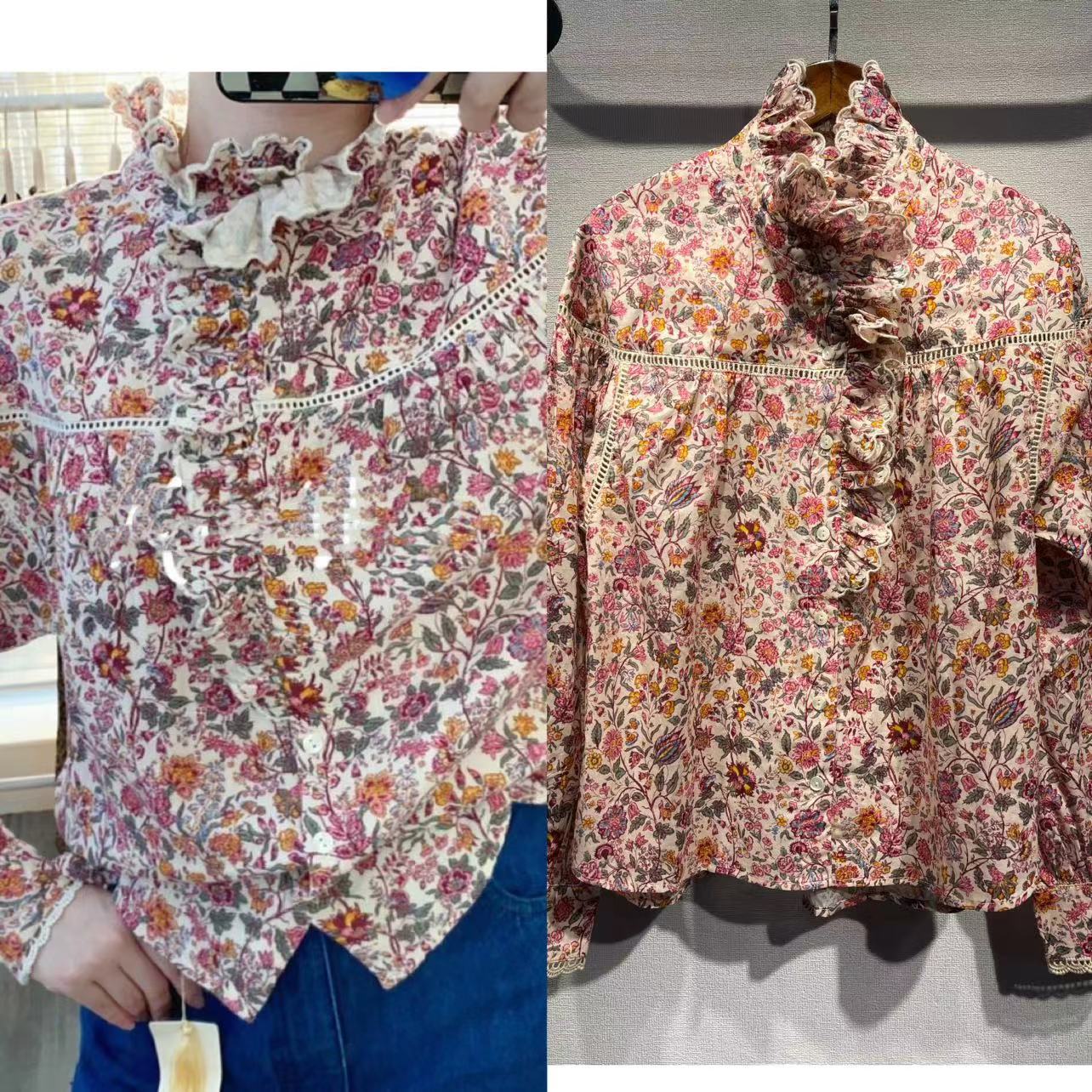 2024秋季新款女士服装甜美荷叶边纯棉碎花衬衫灯笼袖宽松印花衬衣