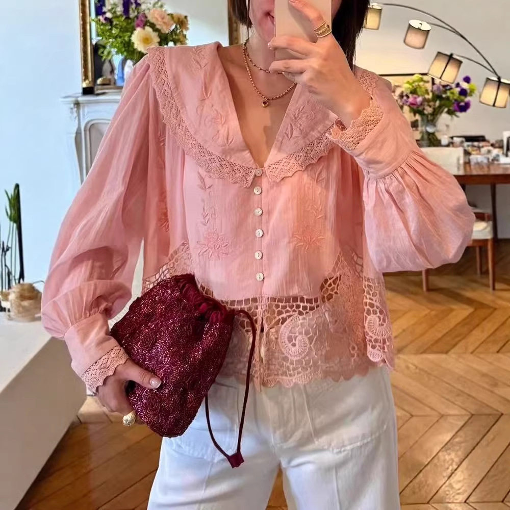 maSande法式衬衫小众设计感甜美刺绣镂空蕾丝粉色花卉长袖宽松V领