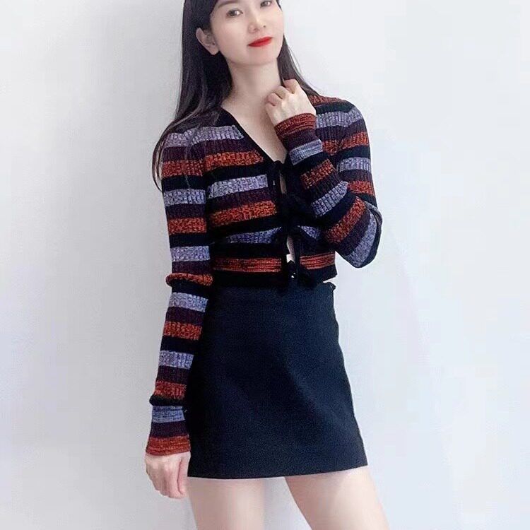 GA家秋冬新喷涂条纹美利奴羊毛系带修身短款针织衫设计撞色长袖女