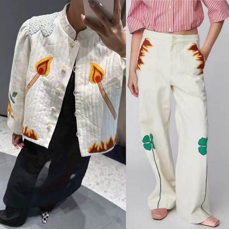 法式小众25年秋冬新款艺术设计感火柴推车贴花刺绣外套+直筒长裤