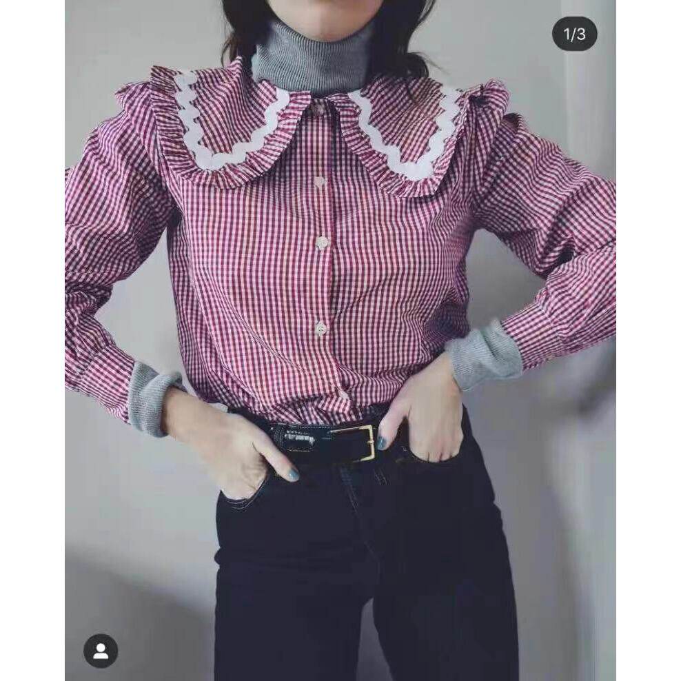 西班牙LA复古娃娃领经典格纹衬衫钩花格子色织衬衣文艺范长袖上衣