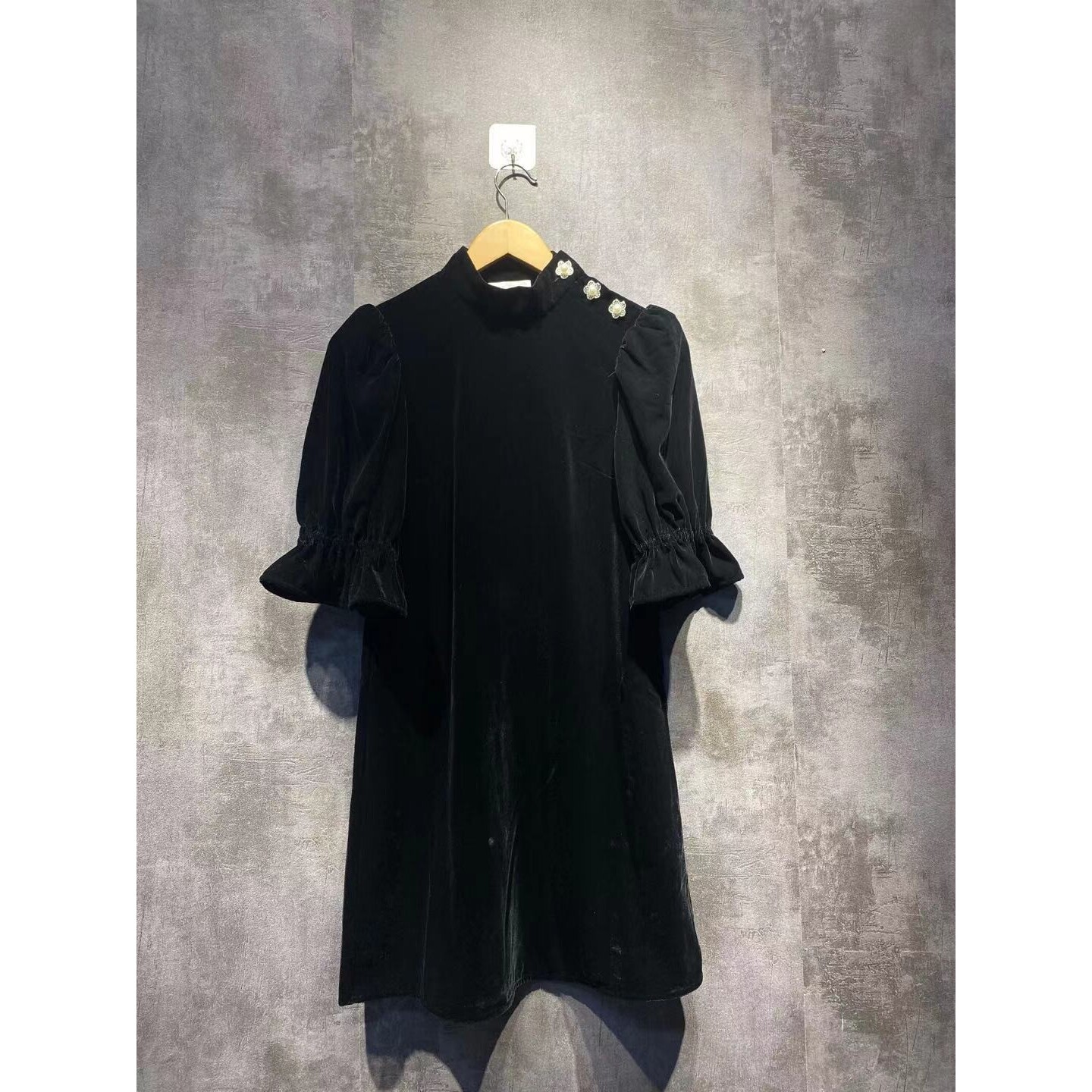 外贸女装美式连衣裙小个子女装天鹅绒肩部花朵纽扣连衣裙女30759