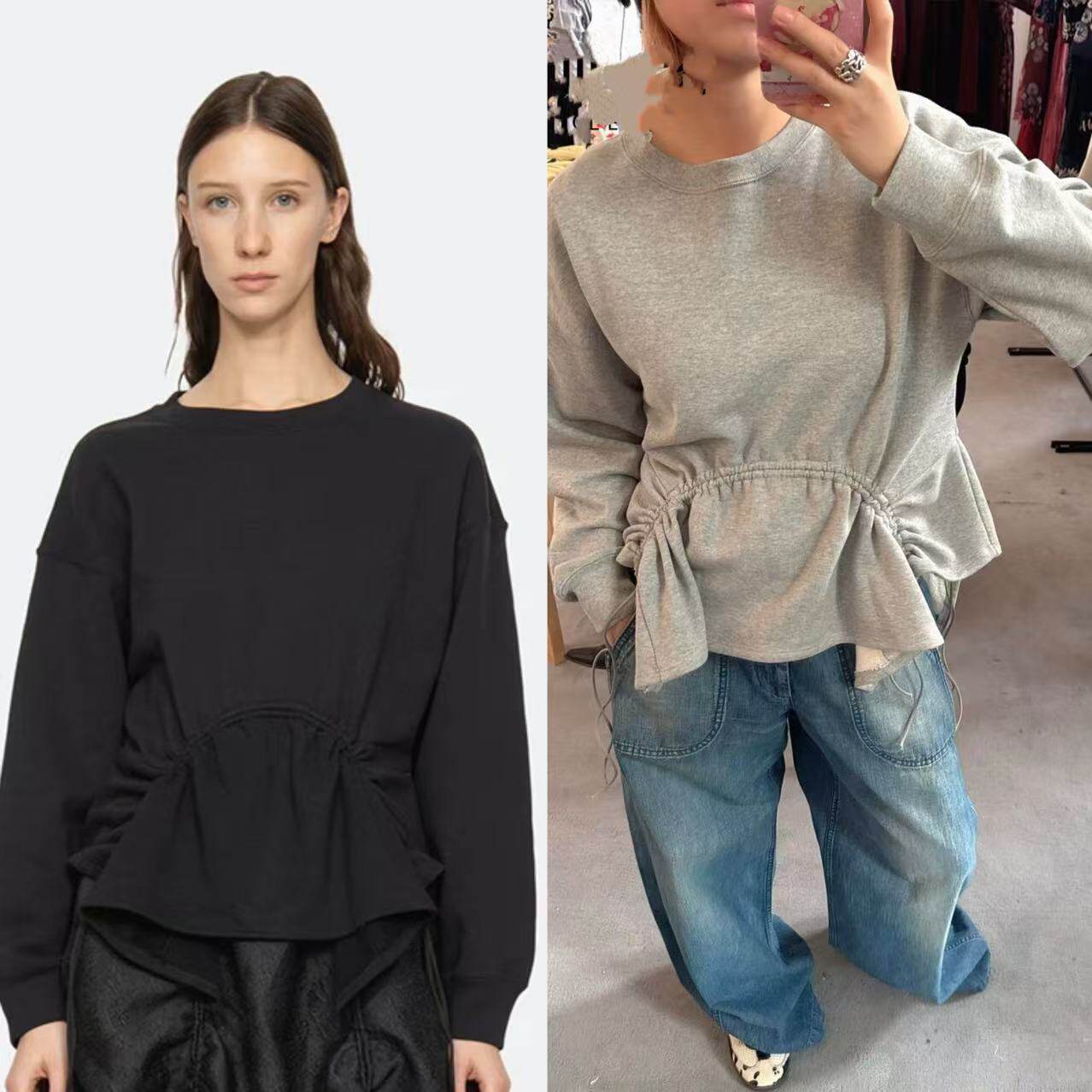 法式小众25年早秋新款时尚休闲抽绳系带不规则毛圈圆领套头卫衣女