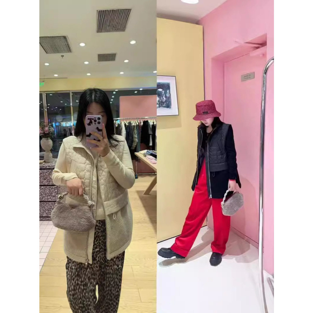 北欧GA早秋新款高领绗缝绒面拼接口袋抽绳背心马甲女式外套32052