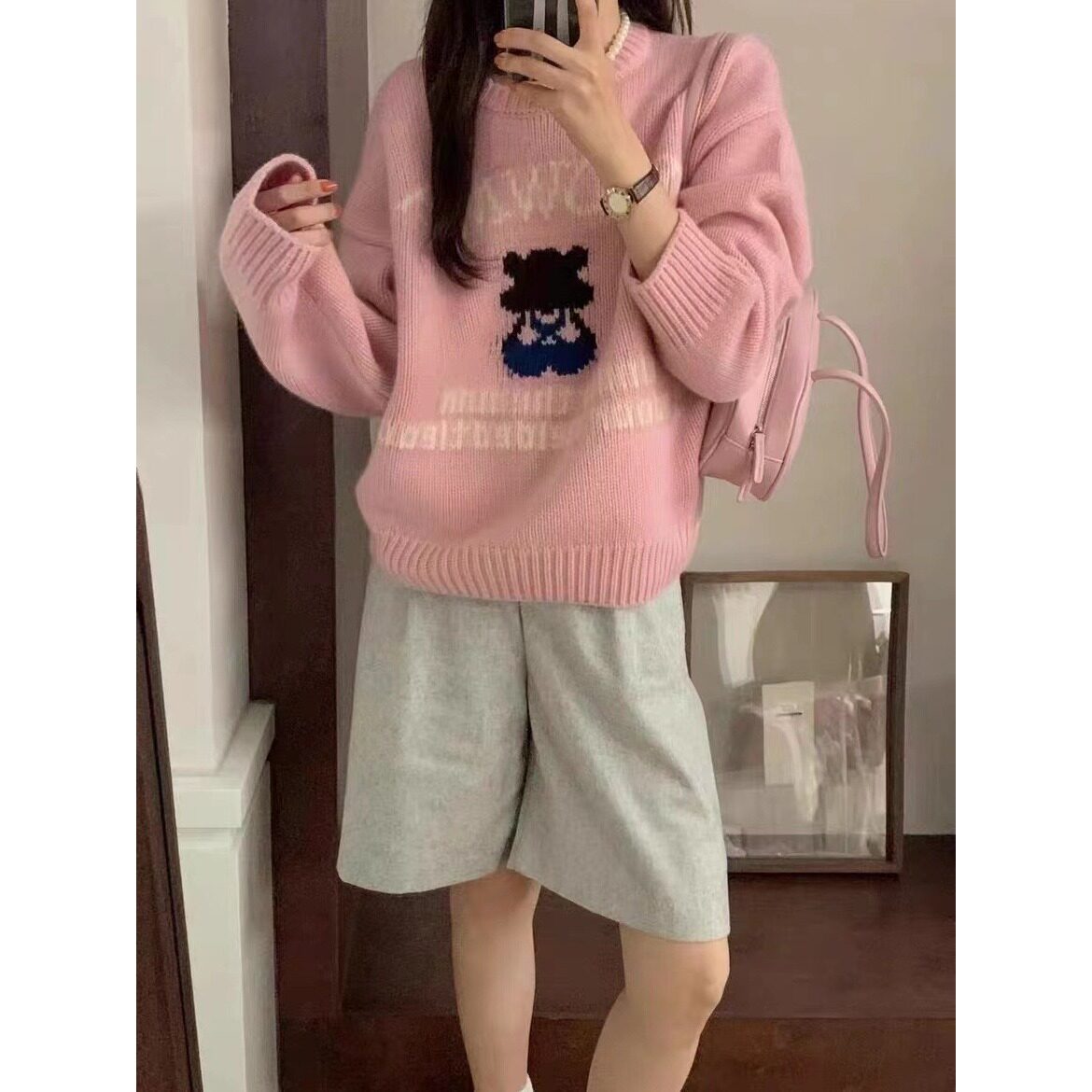 秋冬新款羊毛混纺毛衣小熊提花圆领慵懒风套头毛衣甜美上衣31599