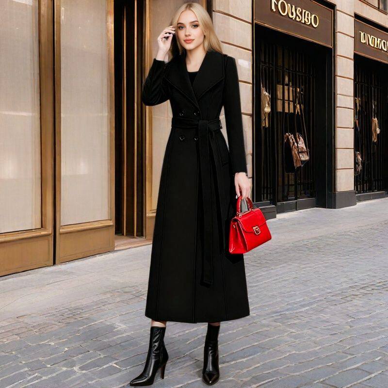 黑色长款呢子大衣女2025秋冬加厚新款修身过膝显瘦气质毛呢外套潮
