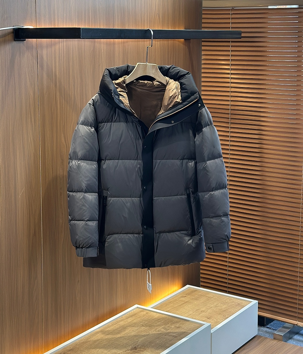 御寒款～25ZZ冬季欧美轻奢风简约撞色门襟休闲中长款连帽羽绒服男