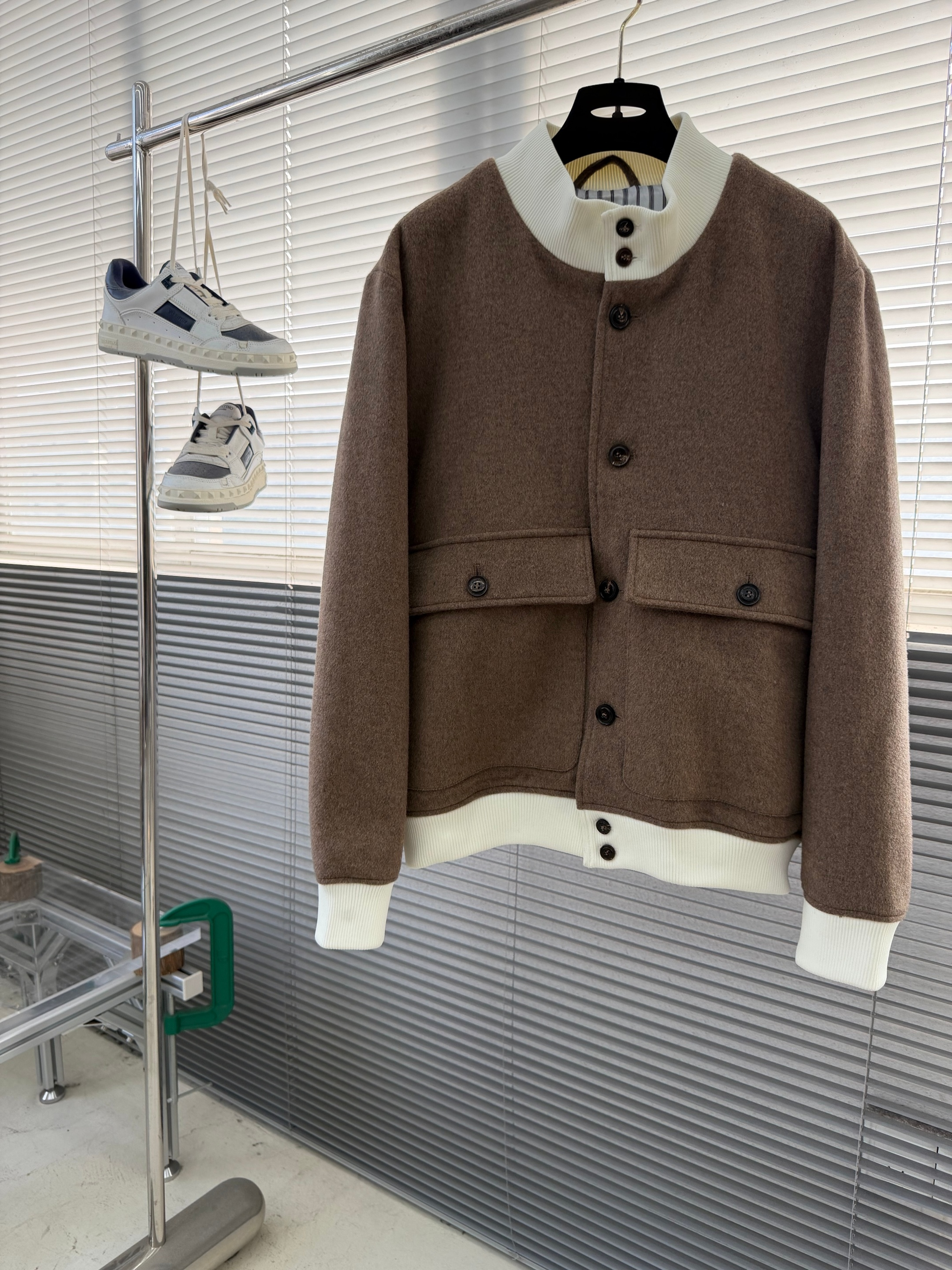 老钱新贵男装秋冬新款男士立领撞色羊绒羊毛混纺飞行员夹克外套