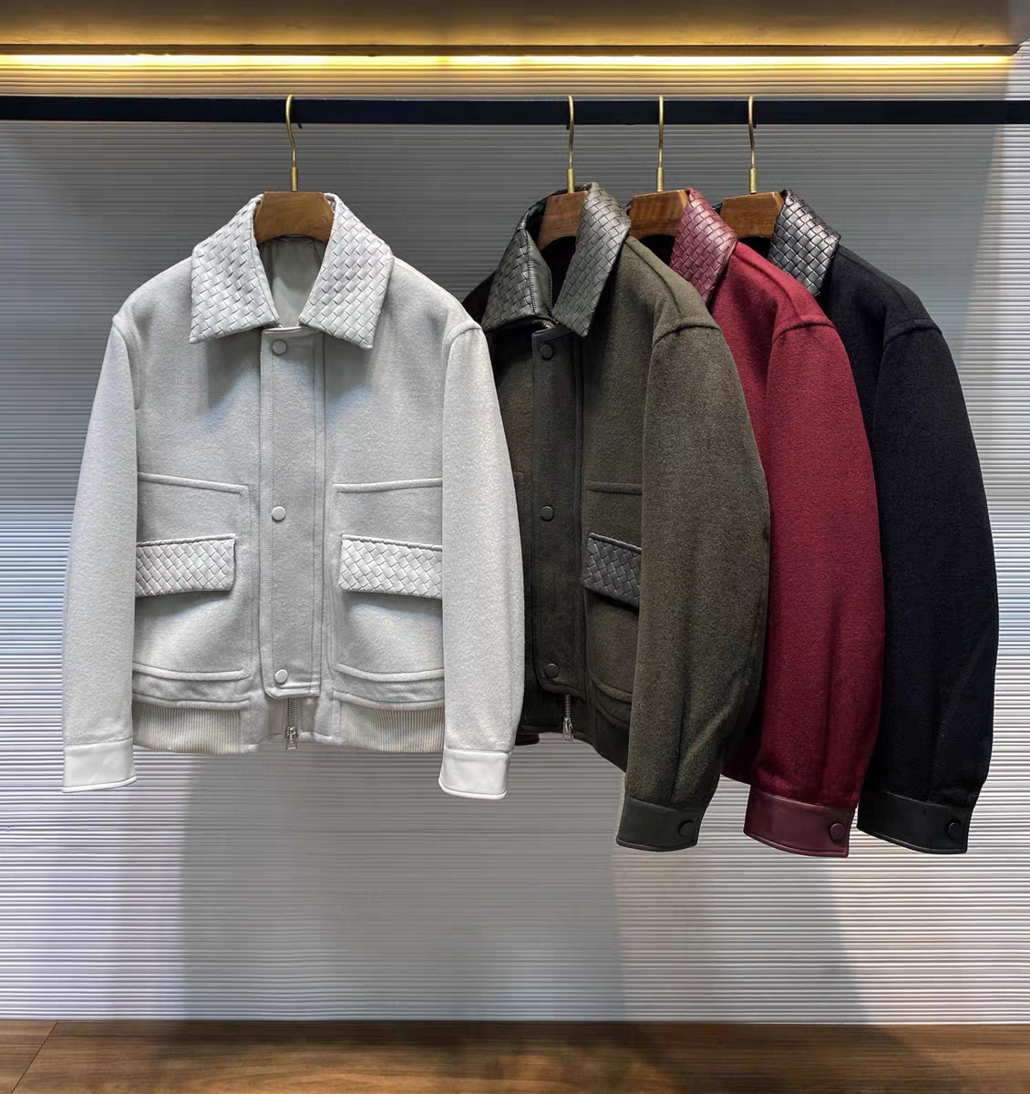 老钱风男装秋冬可拆卸编织皮革翻领商务休闲拉链羊毛棉衣夹克外套