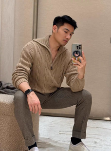 男女 25秋冬100%羊毛翻领半拉链麻花休闲羊毛衫 意式 老钱风轻奢男装