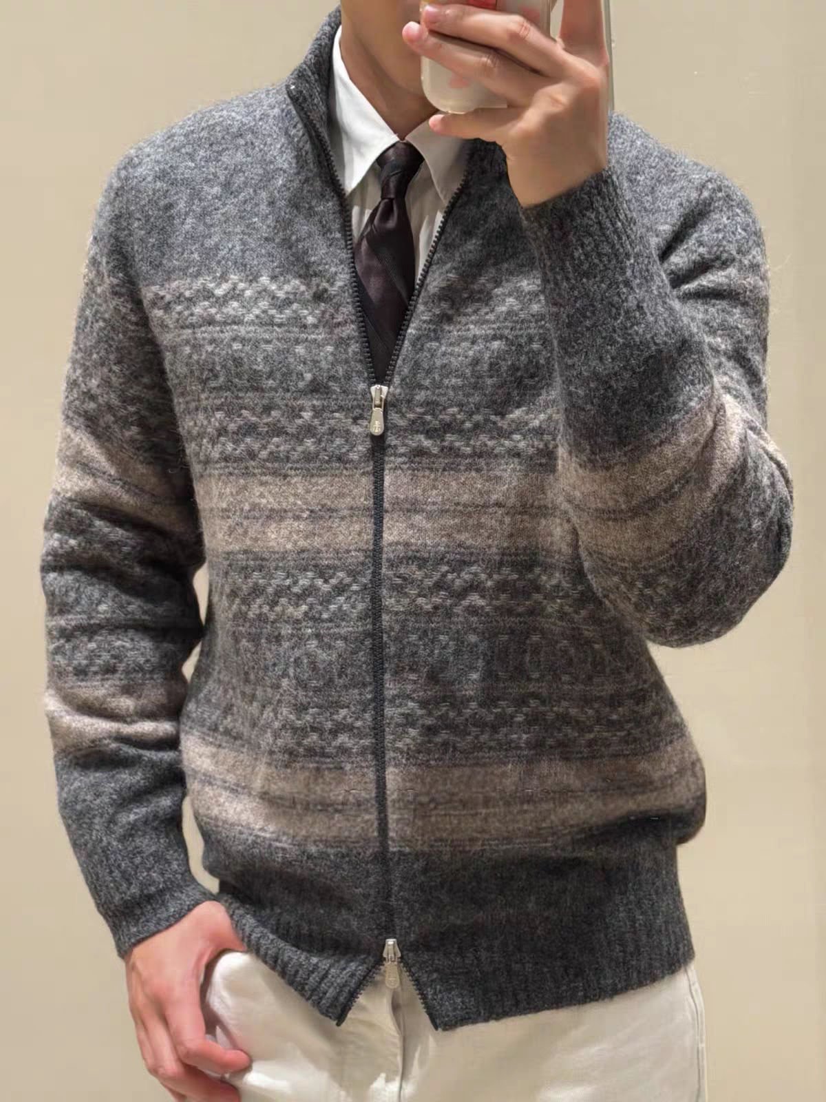 意式老钱风轻奢男装秋冬羊驼羊绒羊毛双拉链立领费尔岛开衫外套