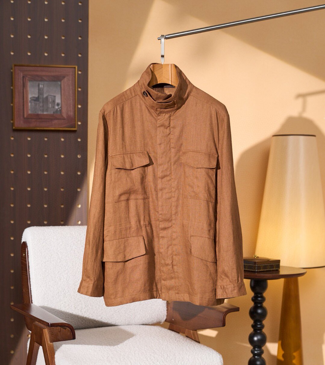 意式老钱风男装春季新款立领猎装亚麻透气商务休闲男士夹克外套