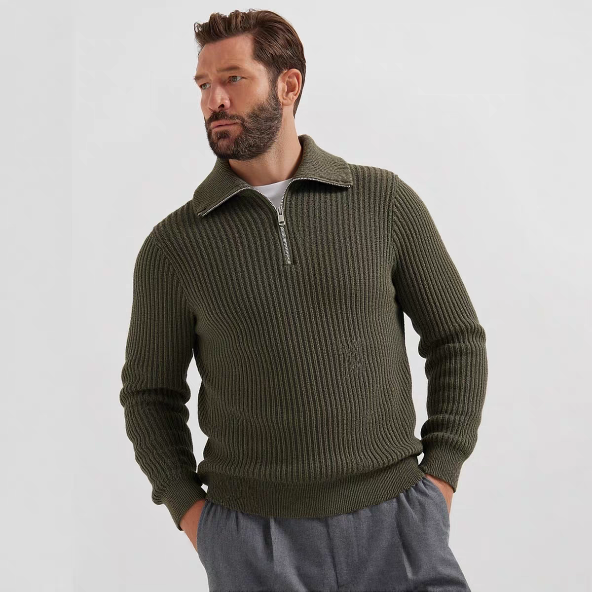 意式老钱风轻奢男装25秋冬100%羊毛商务翻领半拉链休闲百搭羊毛衫