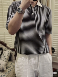 老钱风男装 短袖 2026夏天新款 POLO衫 T恤 欧美亚麻条纹翻领修身 意式