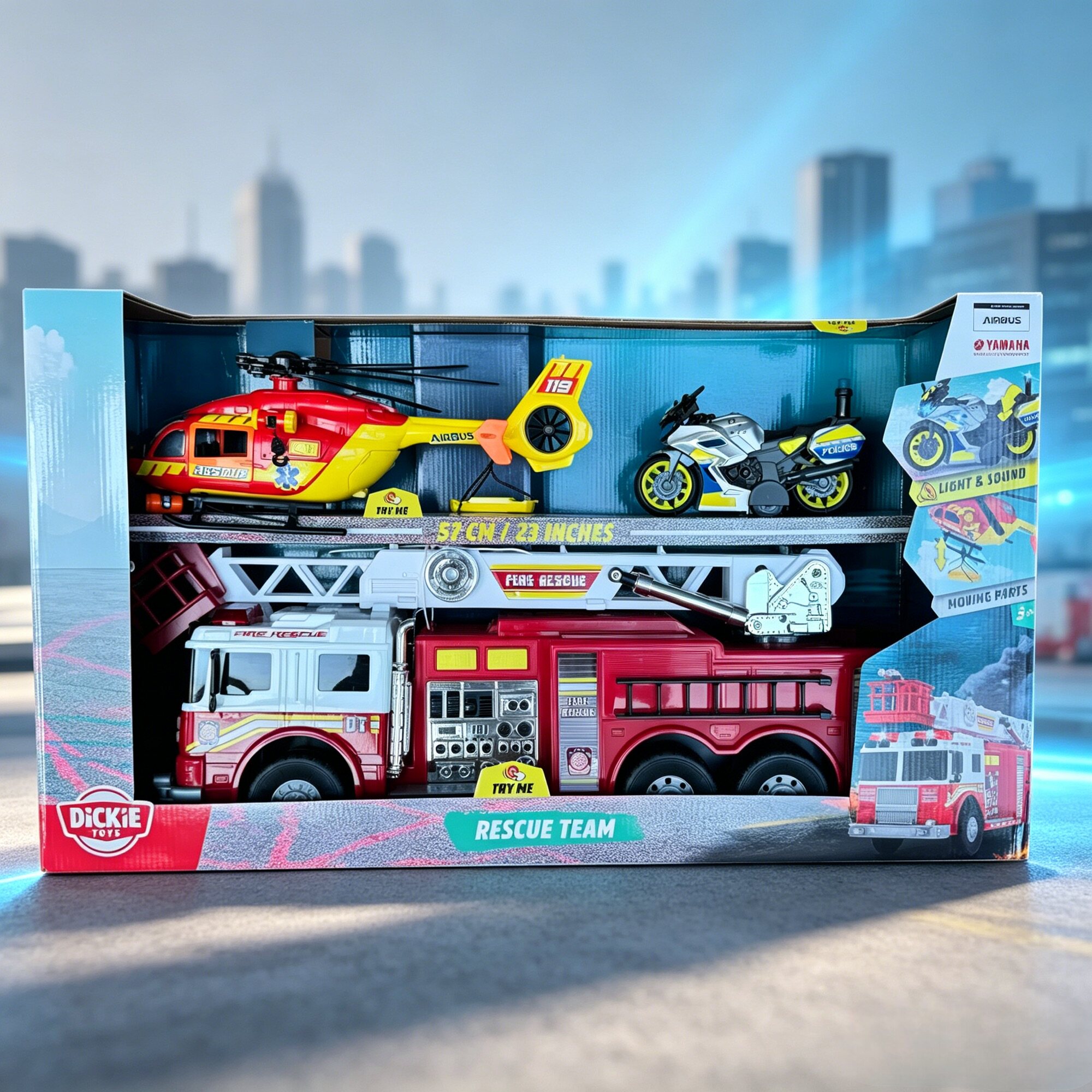 Dickie Toys救援三件套消防车直升机摩托声光玩具礼盒装3岁+