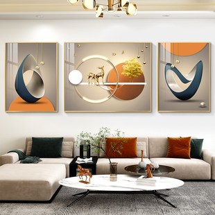 高端现代轻奢福鹿客厅装饰简约抽象晶瓷画大气沙发背景墙三联挂画