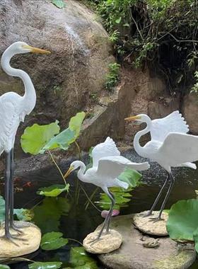 花园装饰品仿真白鹭摆件假山喷泉白鹤摆设庭院水池动物雕塑玻璃钢