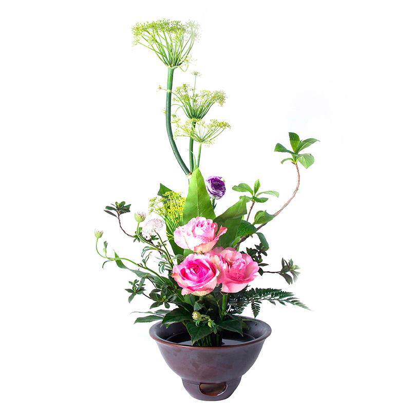 厂家中华花艺梅花碗中式花器剑山插花器碗花螺纹陶瓷大碗日式禅意