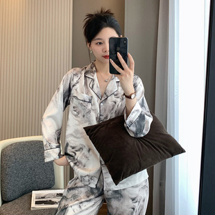 小众轻奢级水墨画睡衣女冰丝2023年新款春秋季夏天真丝绸家居服