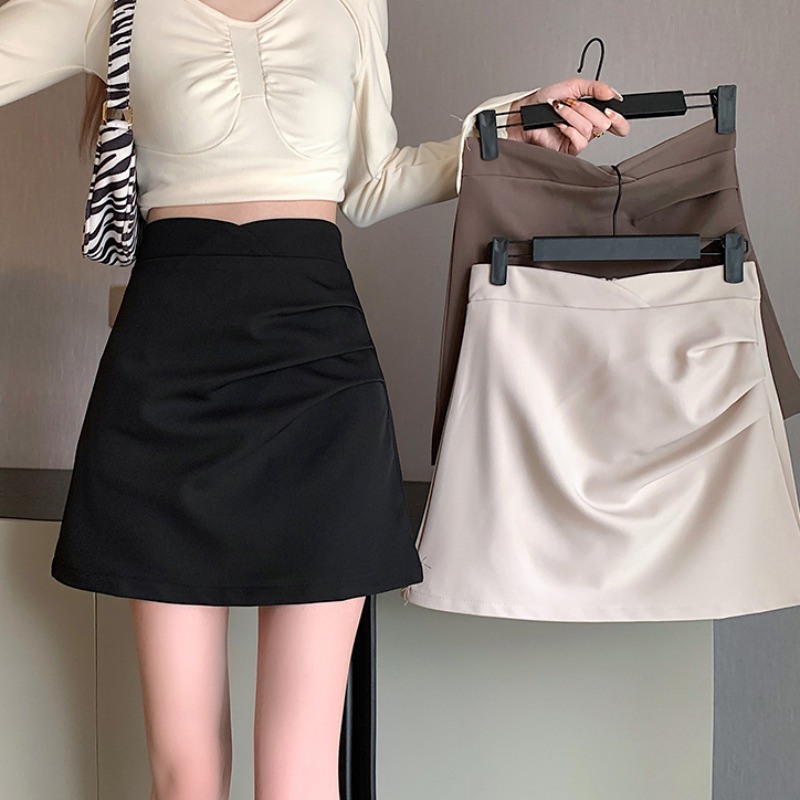 春夏季黑色新款抽褶高腰不规则半身裙女士显瘦百搭A字包臀裙短裙
