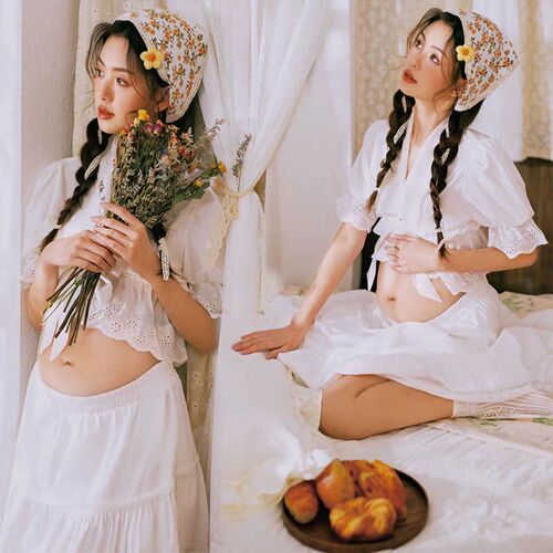 影楼新款孕妇照服装法式复古小清新甜美白色连衣裙孕妈咪摄影服装