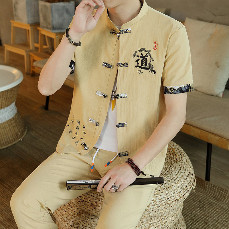 夏天棉麻套装男短袖衬衫长裤一套夏装亚麻衣服两件套唐装汉服刺绣,男装,唐装,淘宝优惠券,粉丝福利购,淘宝优惠卷