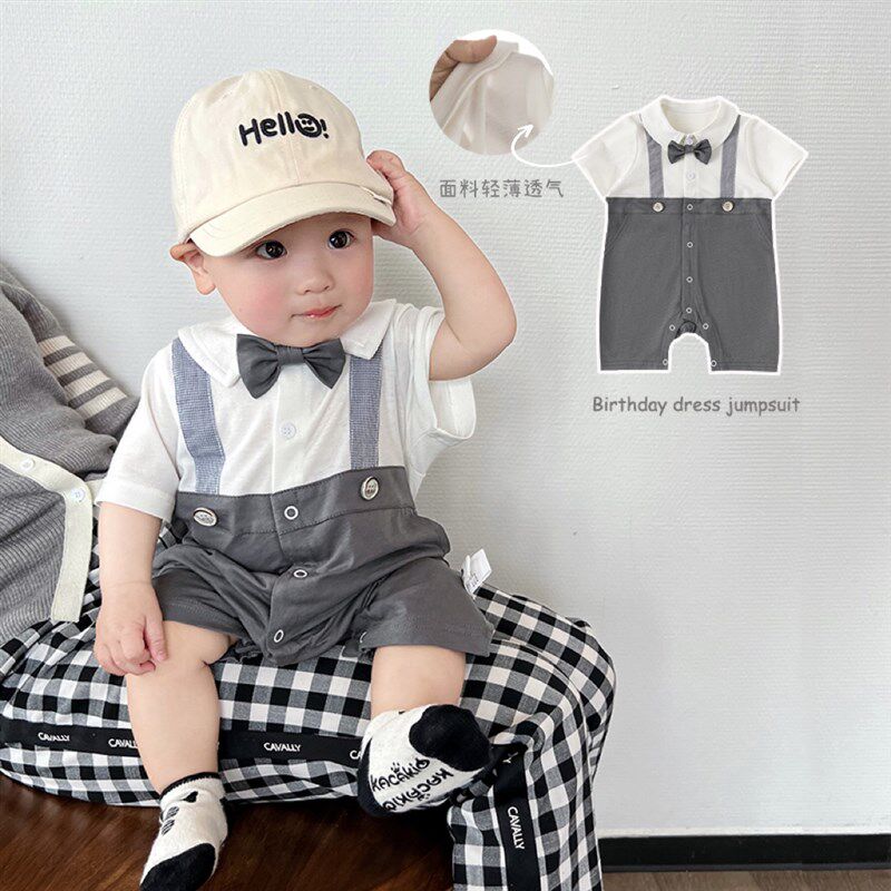 男童连体衣夏季儿童绅士假两件领结爬服宝宝满月周岁爬服生日衣服图片