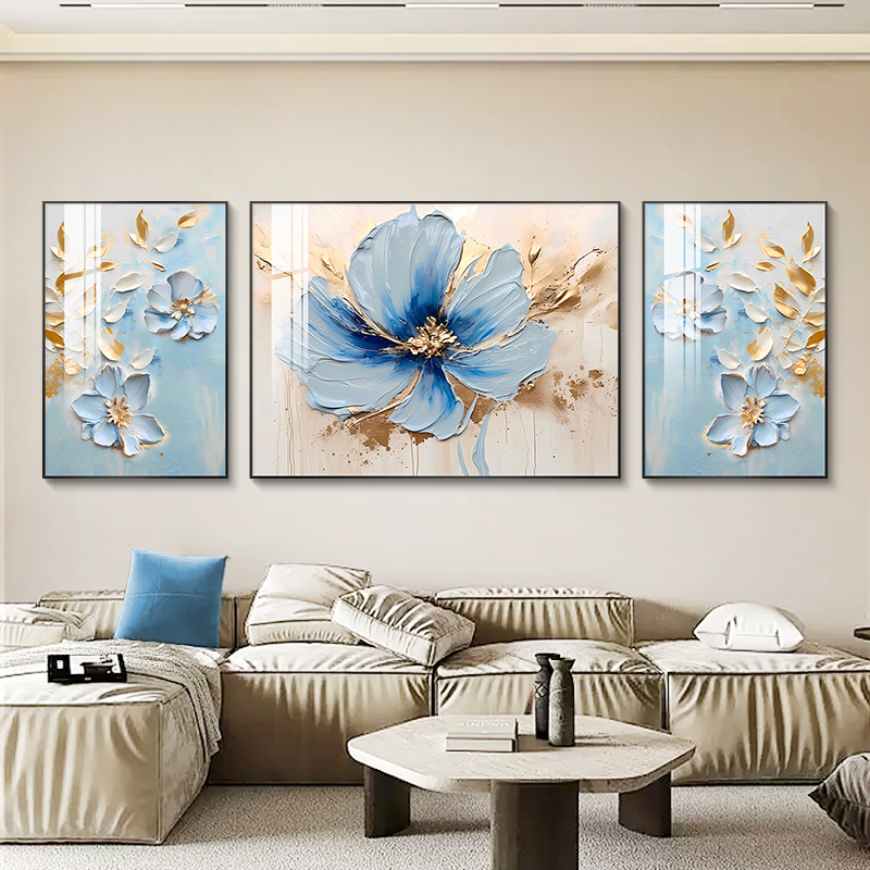 法式复古客厅装饰画现代简约沙发背景墙挂画抽象轻奢花卉三联壁画图片