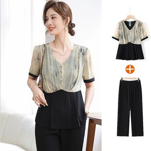 年轻妈妈夏装套装2025新款时尚短袖上衣中老年女装夏季洋气两件套